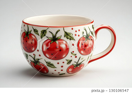 Ceramic cup with a tomato pattern in a classic style on a white background. 130106547