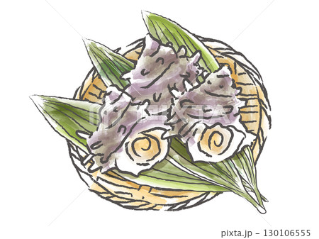 竹ざるに並べた新鮮なサザエ貝　手描き筆タッチの和風イラスト 130106555