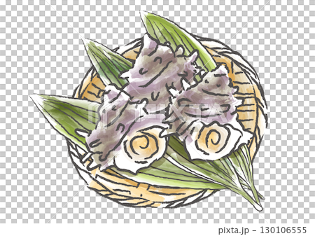 竹ざるに並べた新鮮なサザエ貝　手描き筆タッチの和風イラスト 130106555