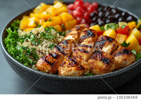 Packed office lunch box with quinoa salad, grilled chicken, mixed greens and fruit. 130106569