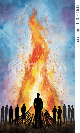 Holika Dahan celebration with bonfire and colorful smoke, background 130106633