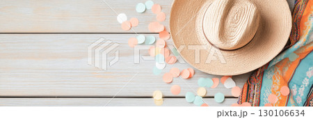 Traditional Mexican elements flat lay with straw hat and colorful textiles 130106634