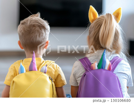 Two children with school backpacks sitting indoors, viewed from behind 130106680