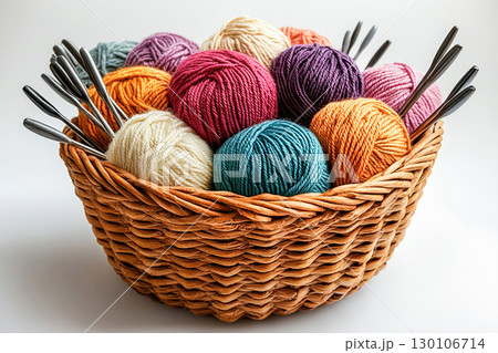 Eco-friendly craft. Vibrant yarn skeins and knitting needles in a wicker basket on a white background. Eco-friendly craft. Vibrant yarn skeins and knitting needles in a wicker basket on a white background. 130106714