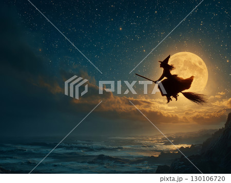 Young beautiful witch flies on the broom at night. Halloween party 130106720