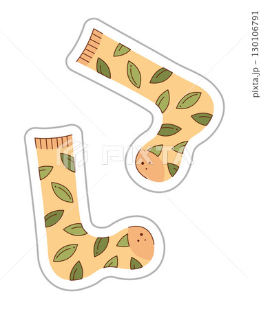 Sticker with socks with leaf pattern. Color hand drawn clipart illustration. Sticker with socks with leaf pattern. Color hand drawn clipart illustration. 130106791