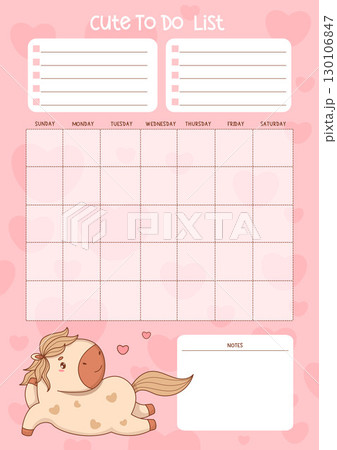 Cute planner, to do list. Romantic Dreamy Horse with Heart. Organizer for Month, To-Do, memo and Note. Vertical Pink Template with Funny kawaii pony Animal. Kids collection. Vector illustration Not AI 130106847