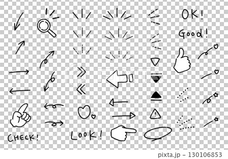 手繪圖示集，包括注意、通知、強調、箭頭。集中的線條，裝飾品，裝飾品。 130106853