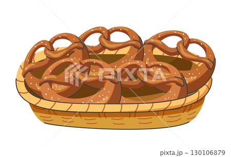 Basket of salted pretzels in cartoon style isolated on white background ideal for bakery menu Oktoberfest promotion snack ads or food packaging design Basket of salted pretzels in cartoon style isolated on white background ideal for bakery menu Oktoberfest promotion snack ads or food packaging design 130106879