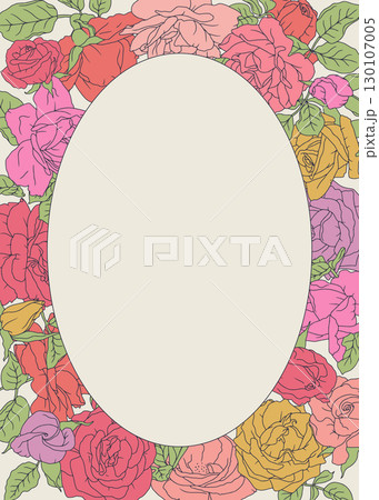 Beautiful hand drawn line art pink rose flowers and leaves vertical oval frame Beautiful hand drawn line art pink rose flowers and leaves vertical oval frame 130107005