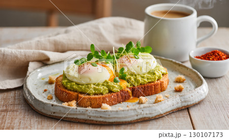 Poached eggs on avocado toast garnished with greens, served on rustic plate with coffee. Healthy breakfast or brunch with fresh ingredients. 130107173