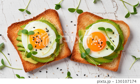 Fried eggs and avocado slices on toast garnished with sesame seeds and microgreens. Healthy and colorful breakfast or brunch dish. 130107174