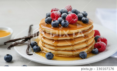 Stack of fluffy pancakes with fresh berries and syrup on white plate, decorated with vanilla pods and powdered sugar 130107176