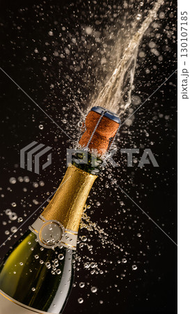 Champagne bottle uncorking with dramatic spray of bubbles and foam against dark background, symbol of celebration and festivity 130107185