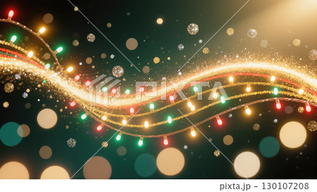 Christmas glowing garlands with sparkling glitter and colorful lights on dark background, festive abstract composition 130107208