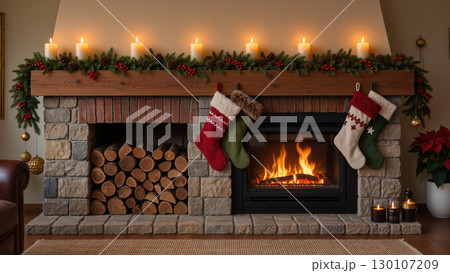Christmas fireplace with burning fire, stockings, candles, pine garland and festive decorations in cozy holiday interior 130107209