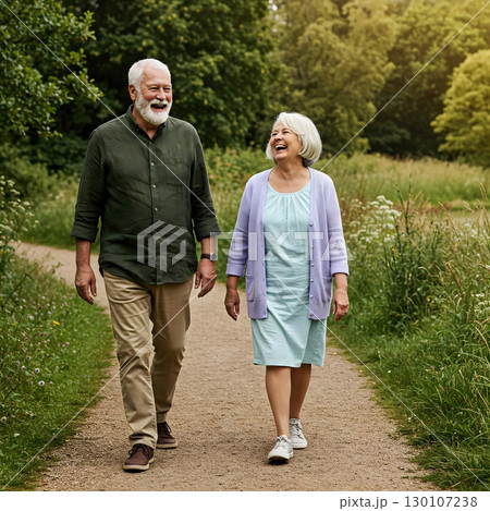 A laughing, elderly couple walks together along a dirt path through a park or wooded area on a sunny day. Generative AI. A laughing, elderly couple walks together along a dirt path through a park or wooded area on a sunny day. Generative AI. 130107238