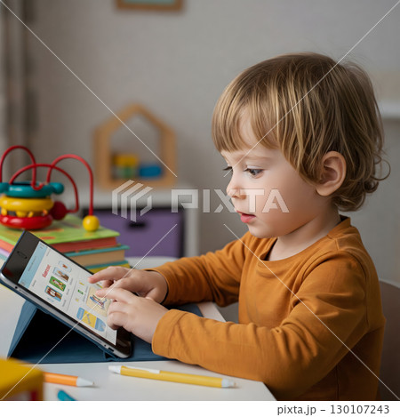 A young male toddler with blond hair sits attentively at a table, engaging with an educational application on a digital tablet. Generative AI. 130107243