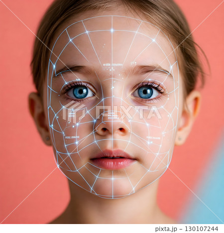 A digital grid overlays a young adult female's face, illustrating facial recognition technology or biometric scanning. Generative AI. 130107244
