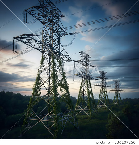 A striking row of towering electricity pylons, partially overgrown with lush green vines, extends into the dramatic evening sky. Generative AI. 130107250