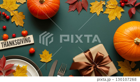 Thanksgiving flat lay with pumpkins, autumn leaves, and a gift on a dark green background with copy space. 130107268