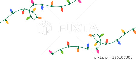 Christmas color light string garland. Holiday bright decoration. Celebration party frame. Fairy glowing bulb. Led neon lamp banner. New Year luxury string baubles. Vector illustration 130107306