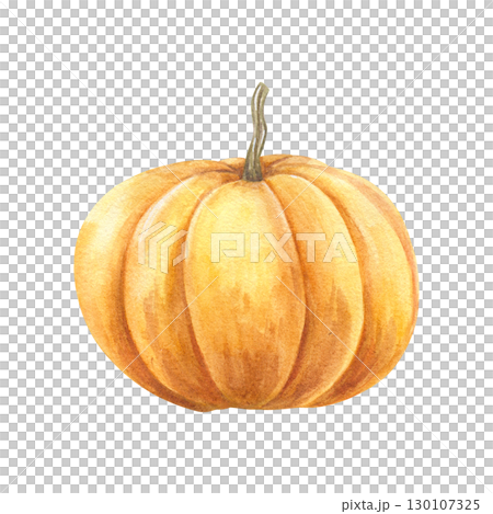 Watercolor yellow orange pumpkin illustration on isolated background. Autumn bright ripe vegetable. Hand drawn fall element for harvest decor, holiday greeting cards, vegetarian food poster. Watercolor yellow orange pumpkin illustration on isolated background. Autumn bright ripe vegetable. Hand drawn fall element for harvest decor, holiday greeting cards, vegetarian food poster. 130107325