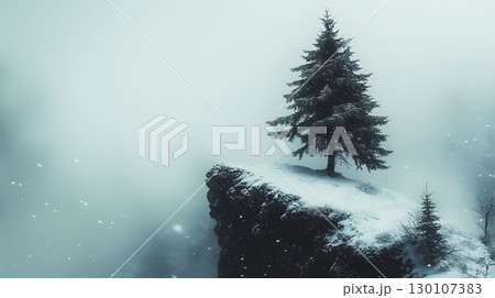 Lone Fir Tree on Snowy Cliff in Winter Scene 130107383
