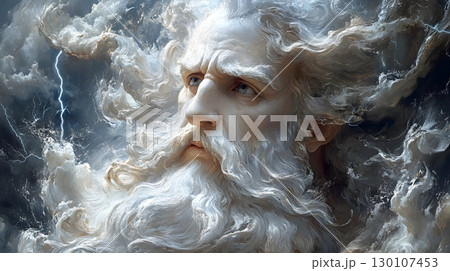 Zeus Portrait with Lightning and Stormy Clouds 130107453
