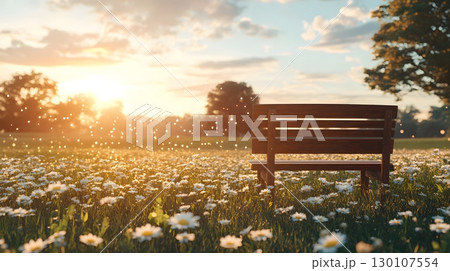 Serene Park Bench Overlooking Daisy Meadow at Sunset 130107554