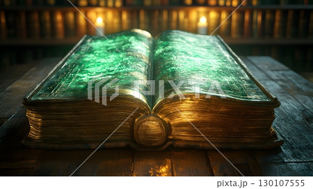 Fantasy Tome Open on Wooden Table in Library 130107555