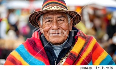 Indigenous Man in Traditional Clothing and Hat Portrait 130107610