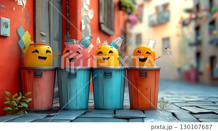 Cheerful Recycling Bins Characters Collecting Plastic 130107687