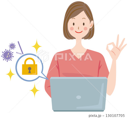 パソコンのセキュリティ対策をする女性 パソコンのセキュリティ対策をする女性 130107705