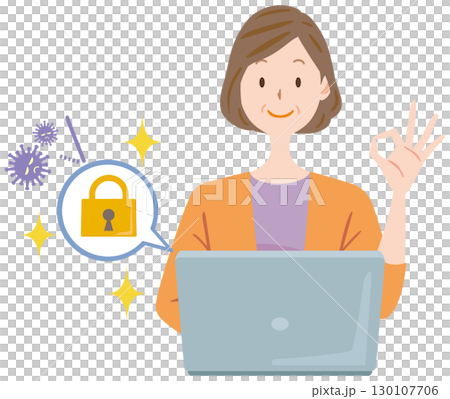 一名中年婦女正在為她的電腦採取安全措施 130107706