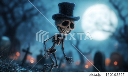 Skeleton character in a top hat walking through a spooky graveyard at night, illuminated by a full moon, creating an eerie atmosphere 130108225