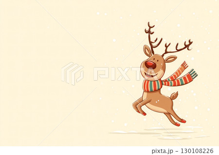 Cheerful cartoon reindeer wearing a colorful striped scarf, joyfully leaping against a soft pastel background, perfect for festive holiday designs 130108226
