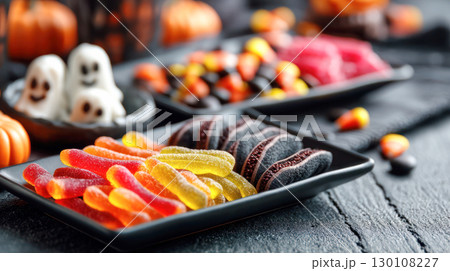 Colorful assortment of gummy candies on black plates, featuring Halloween-themed treats, creating a festive and playful atmosphere for celebrations 130108227