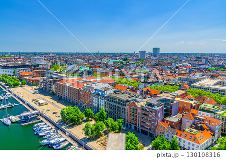 Antwerp cityscape, aerial panoramic view of Antwerp city, embankment promenade of Bonaparte Dock, quay harbour with yachts motor boats, skyline panorama of Antwerpen old town, Flemish Region, Belgium 130108316