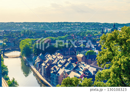 Namur cityscape, top aerial view of old town Namur city historical center, Sambre river with bridge and embankment, skyline horizon of Namur, Wallonia, Walloon Region, Belgium 130108323