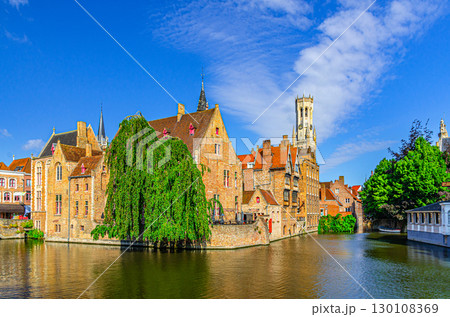 Bruges cityscape, Brugge old town scenic view historic city centre, Rosary Quay Rozenhoedkaai embankment, Boutique Hotel Relais Bourgondisch Cruyce, Belfort Belfry tower, Dijver water canal, Belgium Bruges cityscape, Brugge old town scenic view historic city centre, Rosary Quay Rozenhoedkaai embankment, Boutique Hotel Relais Bourgondisch Cruyce, Belfort Belfry tower, Dijver water canal, Belgium 130108369