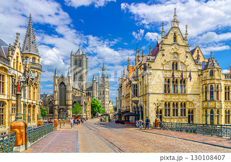 Ghent landmarks in historical city center, Saint Michael's Bridge, Saint Nicholas Church, Belfry Belfort, Old Post Office and old traditional buildings in Gent old town, Flemish Region, Belgium Ghent landmarks in historical city center, Saint Michael's Bridge, Saint Nicholas Church, Belfry Belfort, Old Post Office and old traditional buildings in Gent old town, Flemish Region, Belgium 130108407