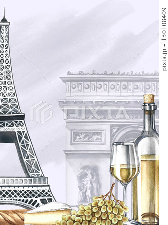 Vertical frame with French wine. Hand-drawn watercolor illustration. Bottle of white wine, glass, bunch of grapes and cheese, Eiffel Tower and Arc de Triomphe. On a gray background. 130108409