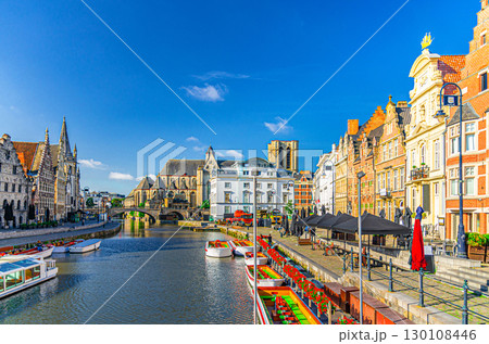 Graslei Grass Quay and Korenlei Corn Wheat Quay on Lys river embankment in Ghent city center with old buildings, Saint Michael's Bridge and Saint Michael's Church, East Flanders province, Belgium Graslei Grass Quay and Korenlei Corn Wheat Quay on Lys river embankment in Ghent city center with old buildings, Saint Michael's Bridge and Saint Michael's Church, East Flanders province, Belgium 130108446