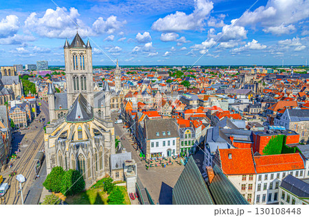 Ghent cityscape, aerial panoramic view of Ghent city historical centre, Saint Nicholas Church and old colorful buildings, skyline horizon, panorama of Gent old town, East Flanders province, Belgium 130108448