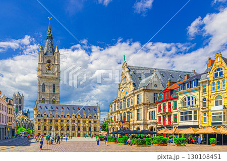 Belfry of Ghent Het Belfort van Gent medieval bell tower watchtower, Cloth hall Lakenhalle, Royal Dutch Theatre and Saint Nicholas' Church in Ghent city historical center, Flemish Region, Belgium Belfry of Ghent Het Belfort van Gent medieval bell tower watchtower, Cloth hall Lakenhalle, Royal Dutch Theatre and Saint Nicholas' Church in Ghent city historical center, Flemish Region, Belgium 130108451