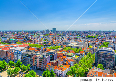 Antwerp cityscape, aerial panoramic view of Antwerp city historical centre, skyline horizon panorama of Antwerpen old town, Flemish Region, Belgium 130108455