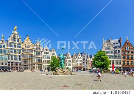 Antwerp cityscape with Brabofontein Brabo Fountain and guild houses guildhalls buildings on Grote Markt Big Market Square in historical city centre, Antwerpen old town, Flemish Region, Belgium 130108457