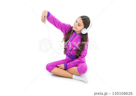 full length of teen girl making selfie on phone isolated on white. teen girl making selfie on phone 130108626