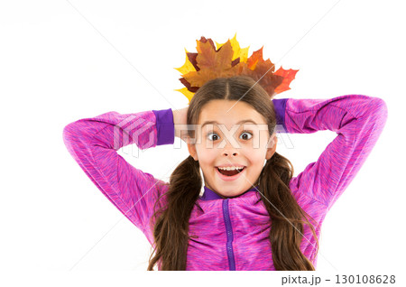 Small girl celebrating fall. Kid girl cute face hold leaf. Smiling child with autumn leaves. Find inspiration in nature. Inspiring season. Good mood. Autumn time. Little girl welcome autumn season Small girl celebrating fall. Kid girl cute face hold leaf. Smiling child with autumn leaves. Find inspiration in nature. Inspiring season. Good mood. Autumn time. Little girl welcome autumn season 130108628
